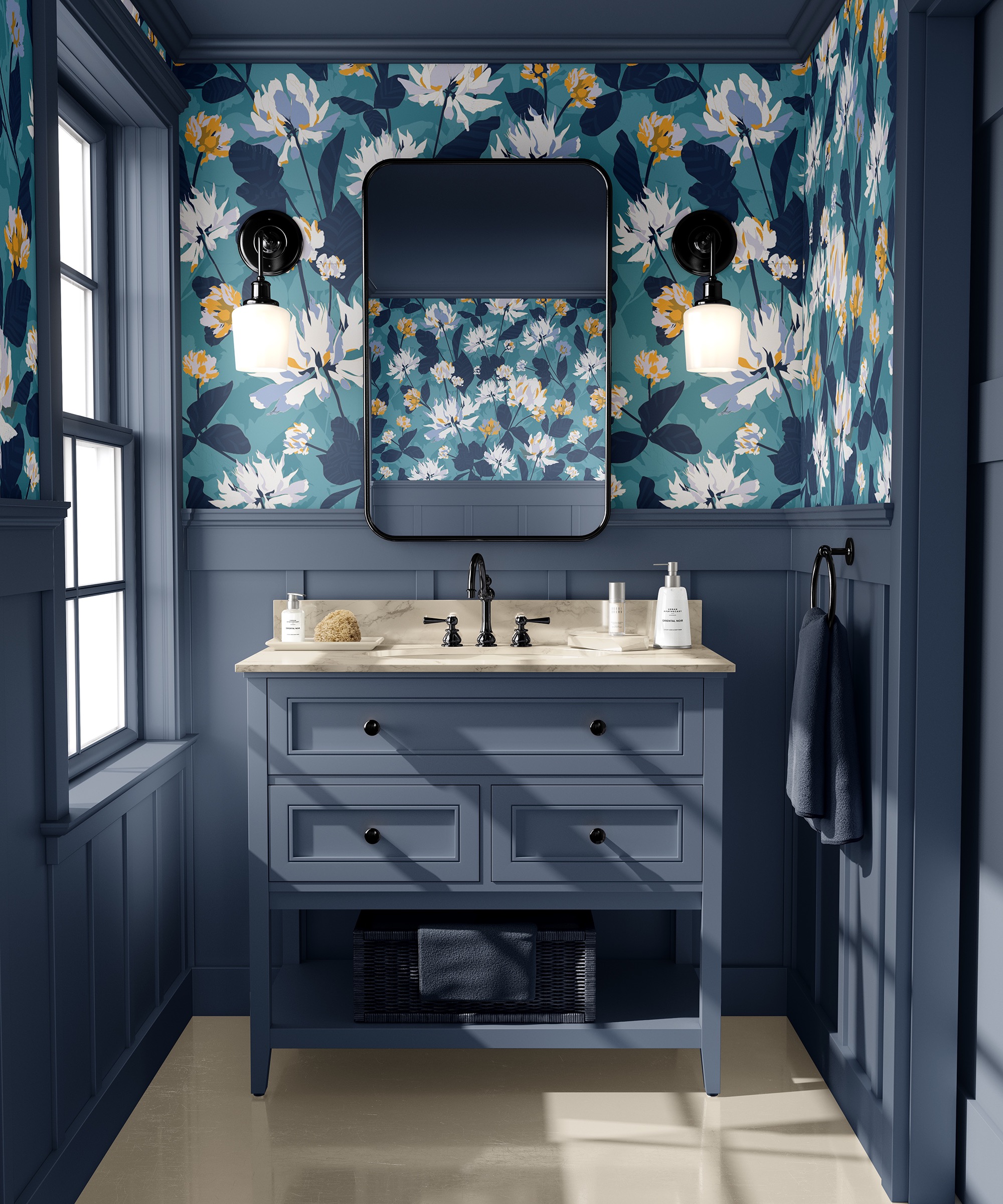 Bathroom in blue-grey with clover flowers wallpaper in blues and yellows