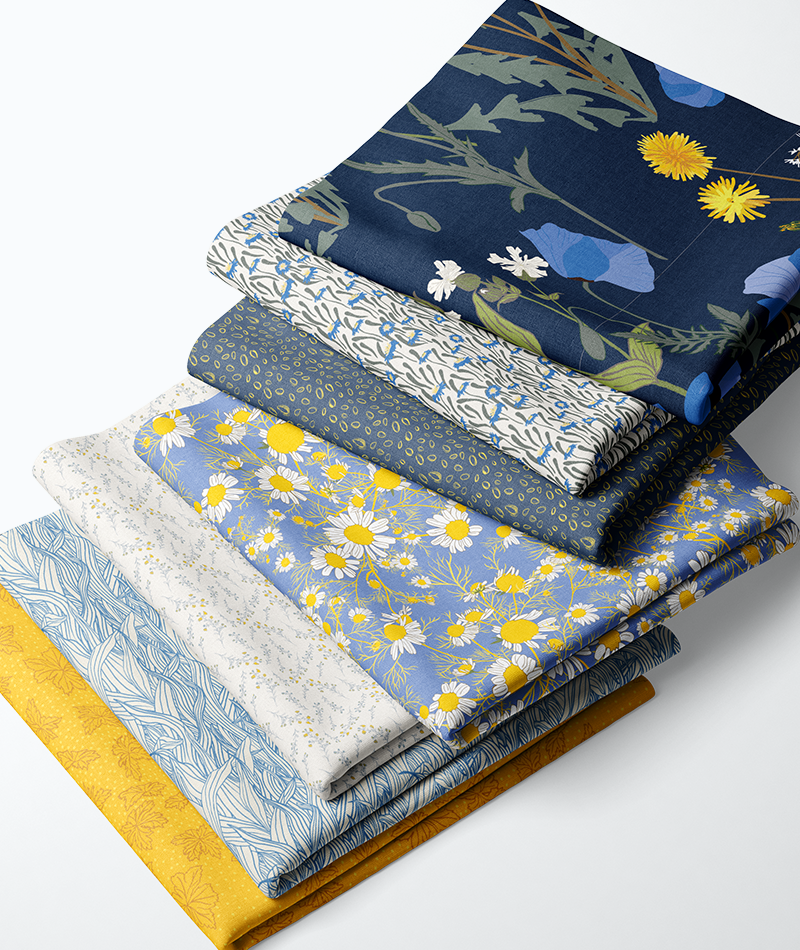 Fabric Stack - Weeds collection in blues and yellows