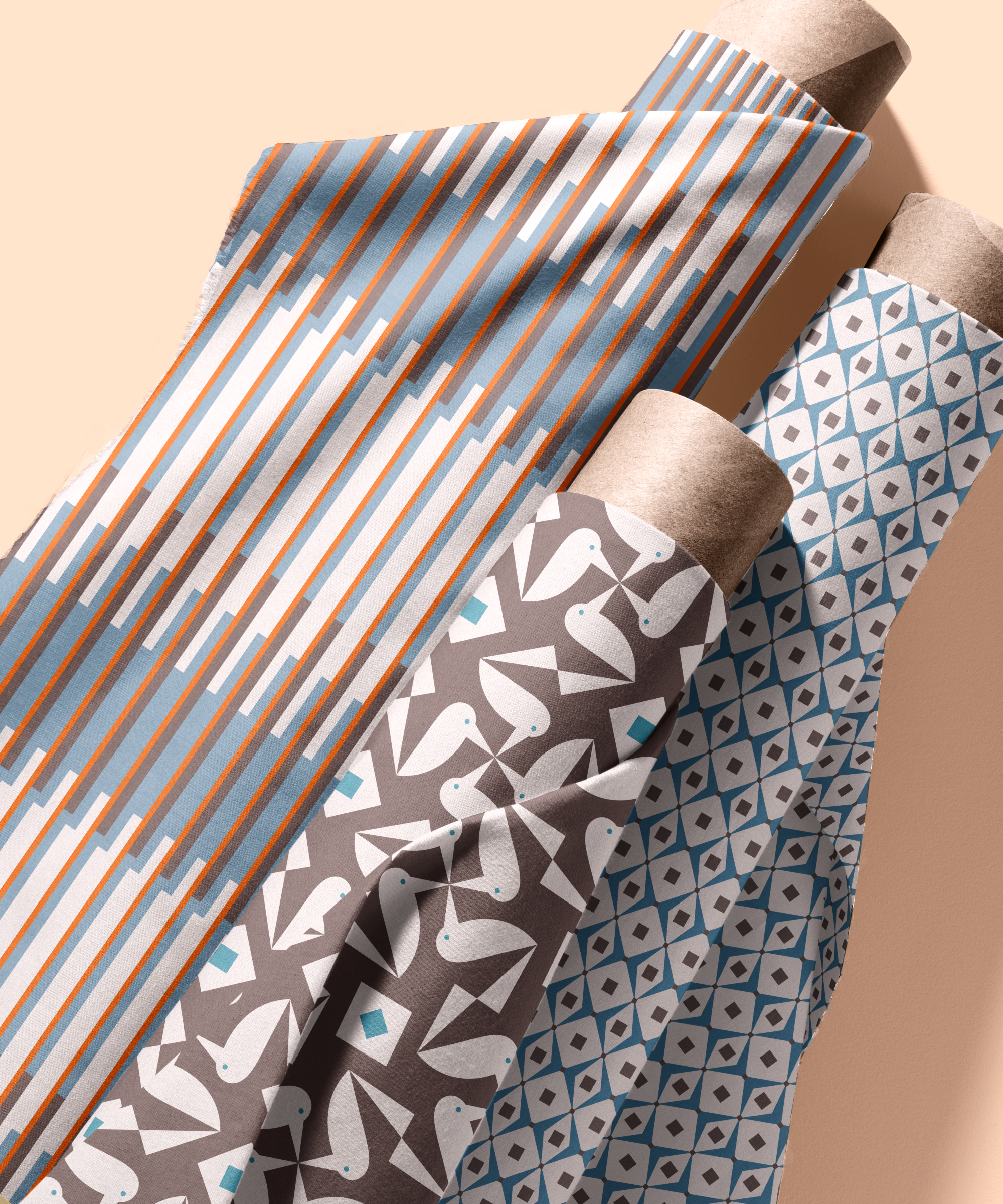 Mid Century modern fabric rolls birds and stripes in blue and orange