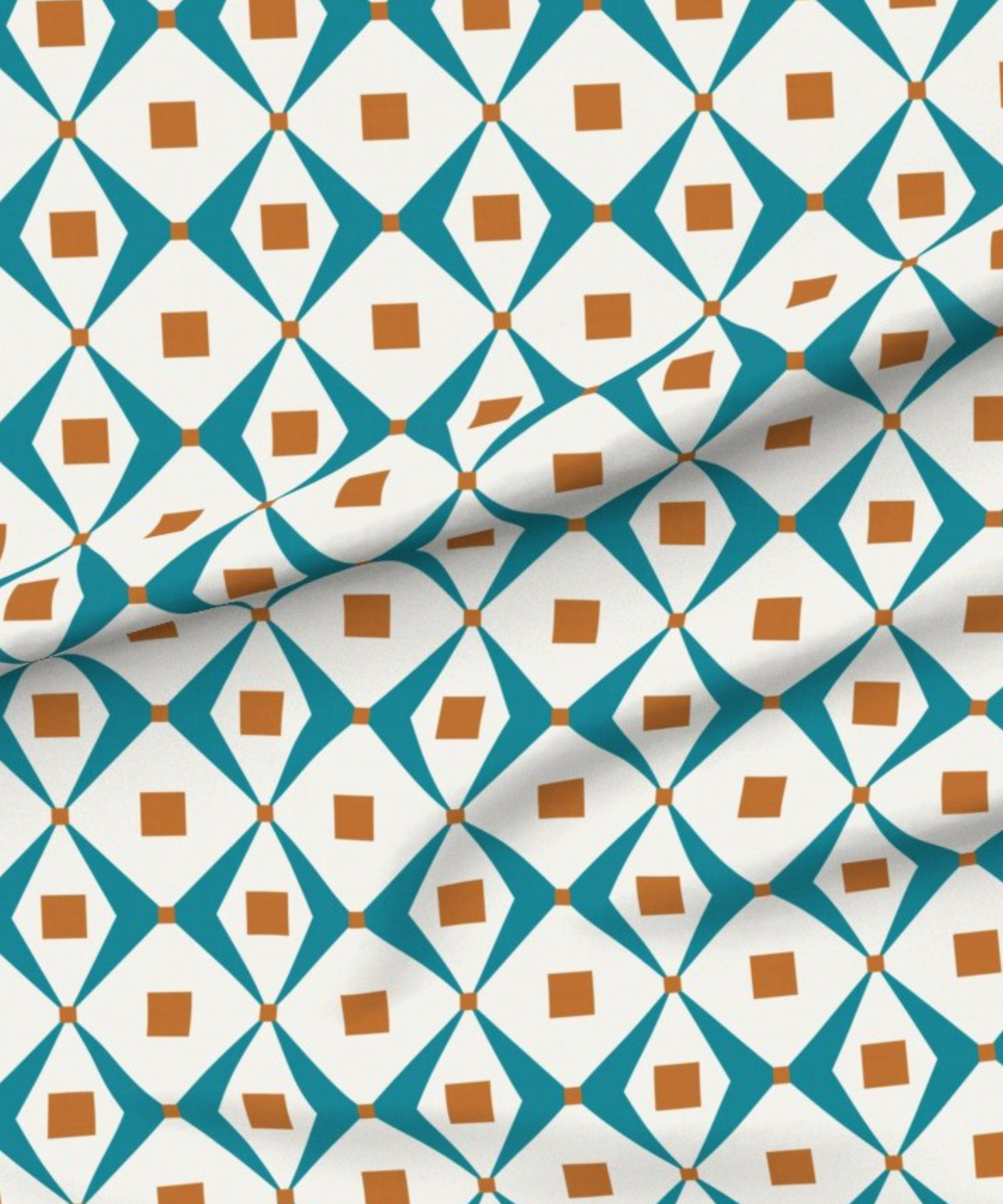 Bold geometric diamonds and squares in teal, burnt orange and white