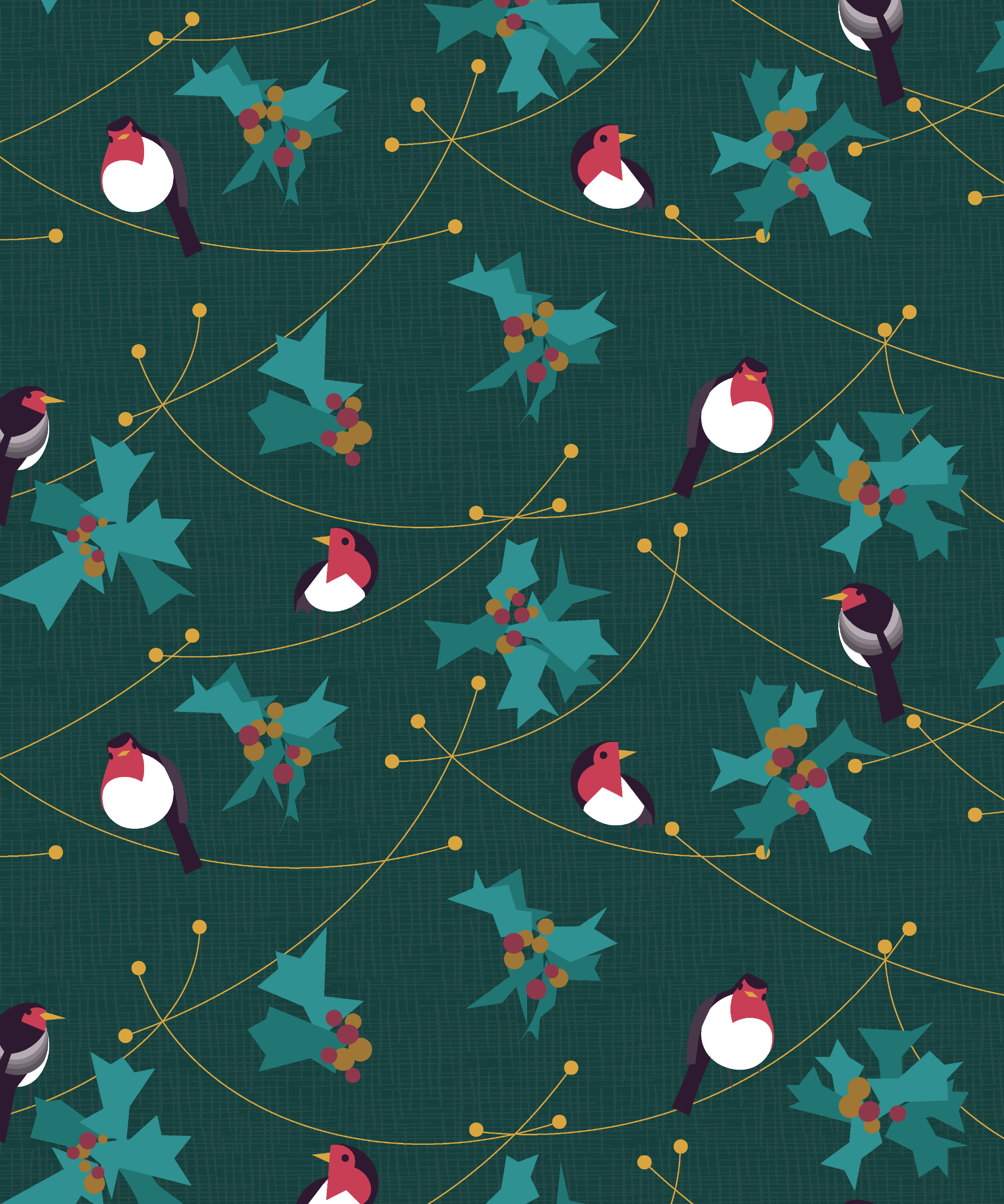 Christmas Robin and holly green teal and magenta